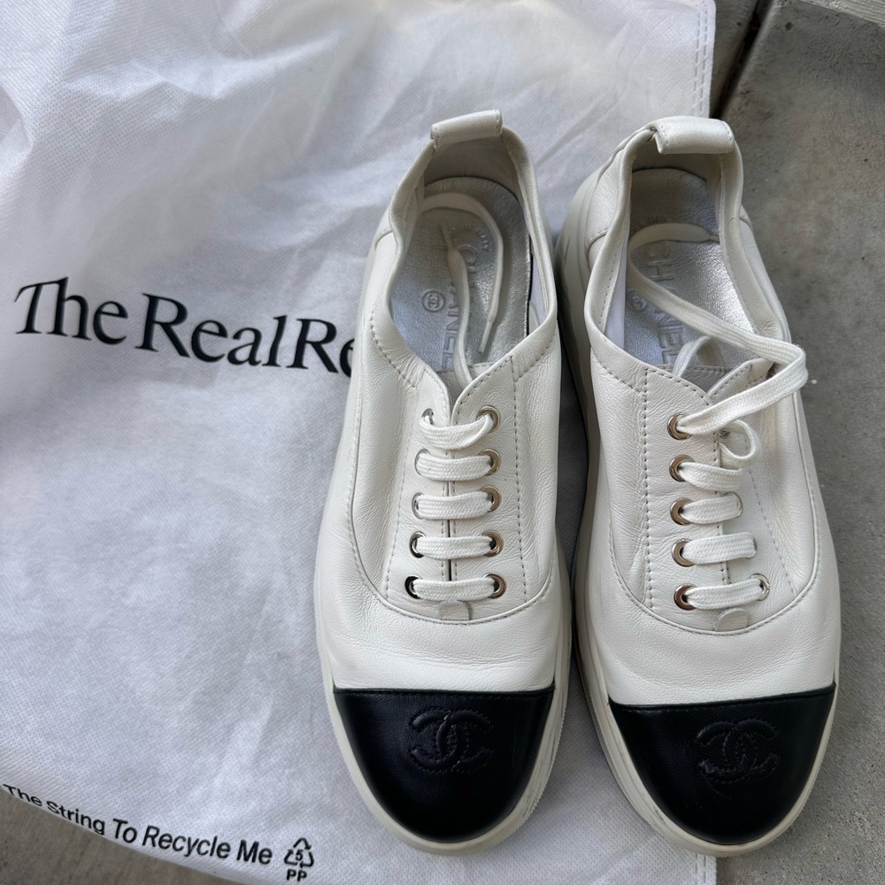 Chanel White and Black Leather Sneakers